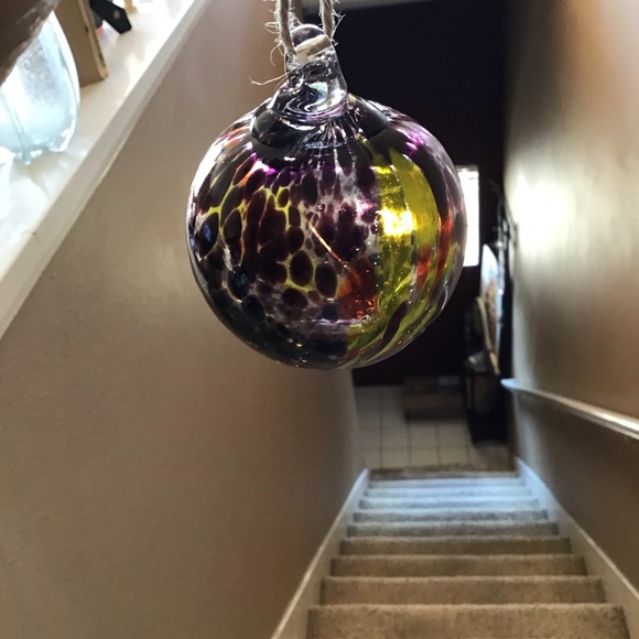 FINAL SALE Art Glass Hand Blown Swirl Purple and Green Round Ornament - Picture 3 of 5